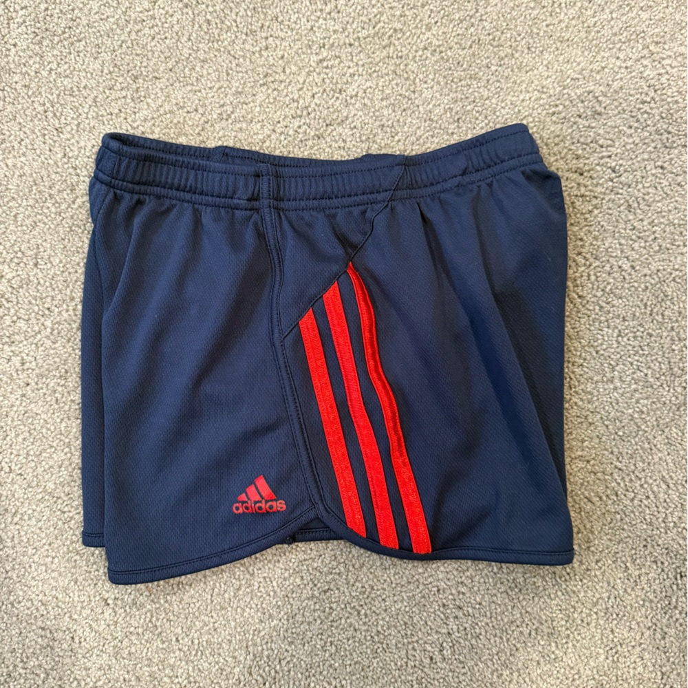 Adidas Girls Dark Blue Athletic Shorts with Red and White Stripes - Picture 5 of 5